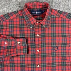 Vintage‎ Polo Ralph Lauren Dress Shirt Men's Medium Plaid Crest Red Cotton Blake